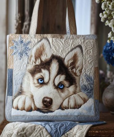 Snowy Husky Pup Quilted Tote Bag