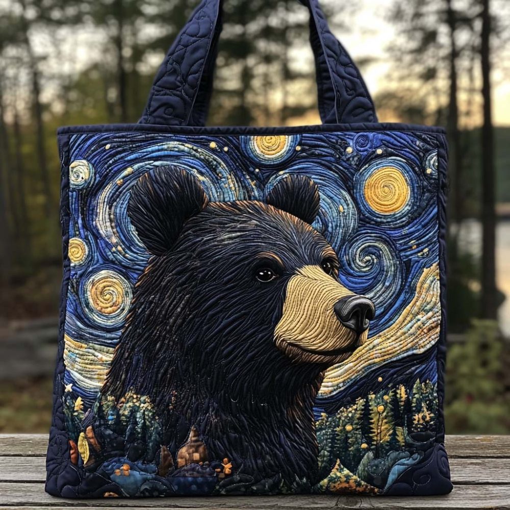 Starry Black Bear Quilted Tote Bag