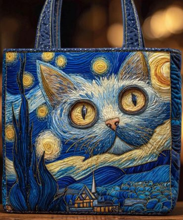 Starry Gaze Feline Quilted Tote Bag