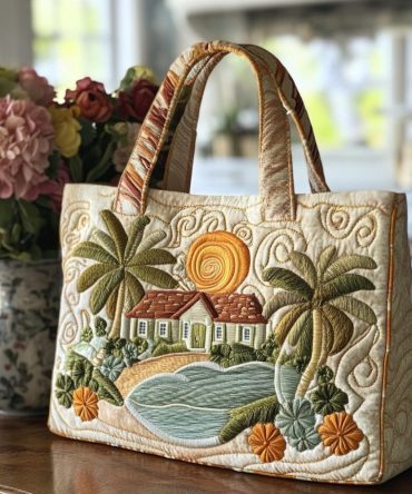 Sunset Cottage Quilted Tote Bag