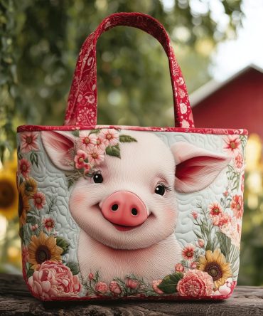 Sunshine Pig Smile Quilted Tote Bag