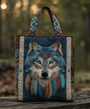 Tribal Wolf Quilted Tote Bag