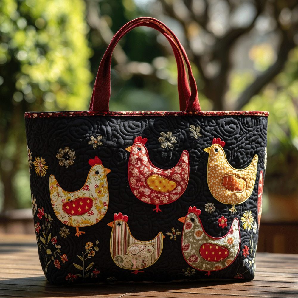 Vintage Hen Parade Quilted Tote Bag