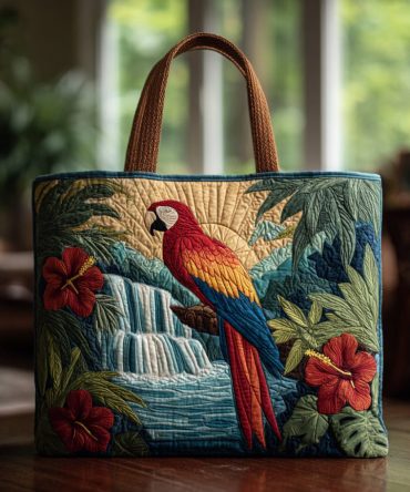 Waterfall Parrot Scene Quilted Tote Bag