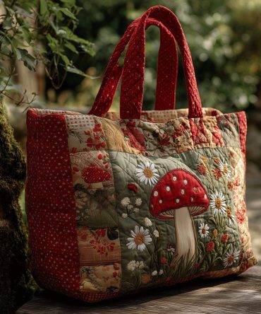 Whimsical Mushroom World Quilted Tote Bag