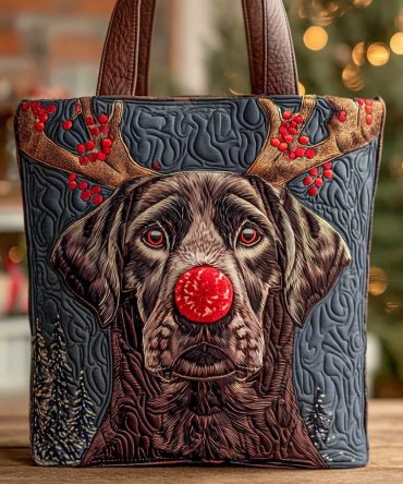 Holiday Reindeer Chocolate Lab Quilted Tote Bag