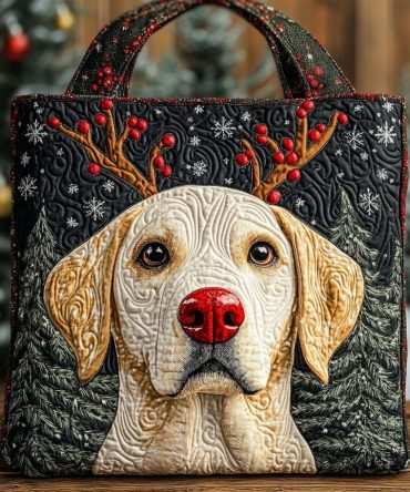 Holiday Reindeer Golden Lab Quilted Tote Bag