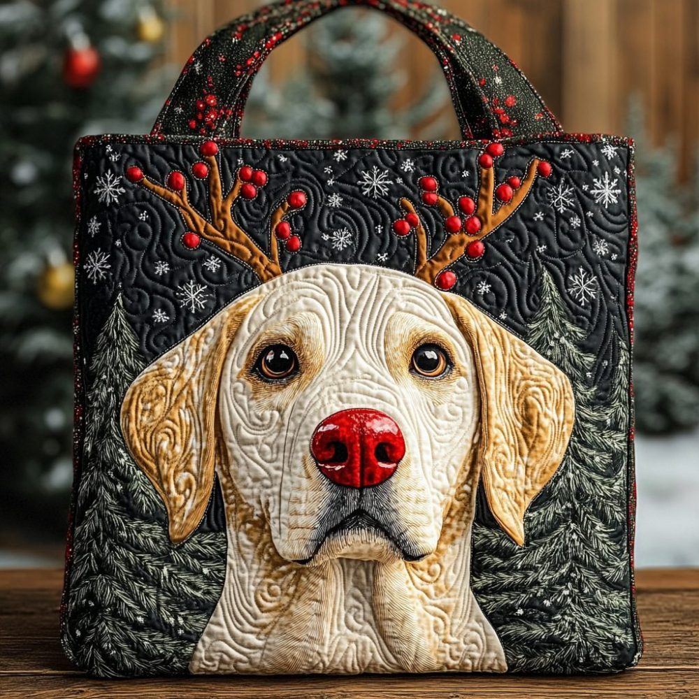 Holiday Reindeer Golden Lab Quilted Tote Bag