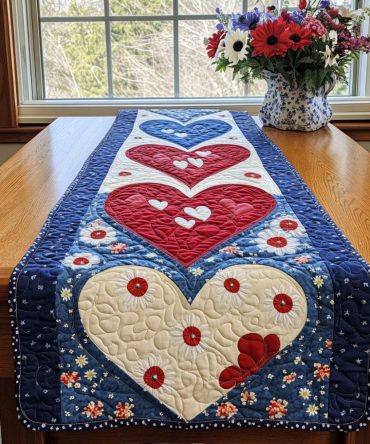 American Pride Heart Quilted Table Runner