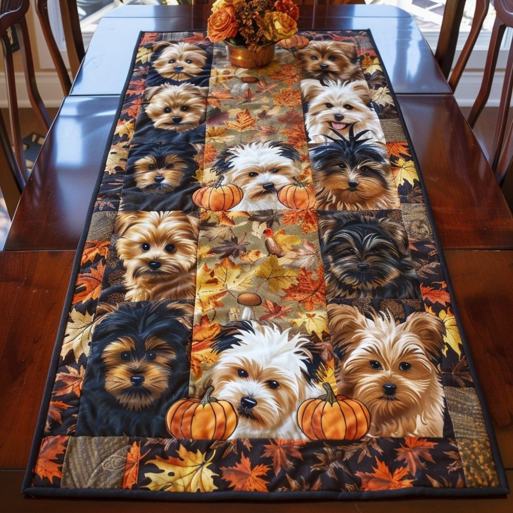Autumn Leaves And Yorkies Quilted Table Runner