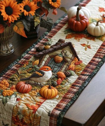 Autumn Bird Song Quilted Table Runner