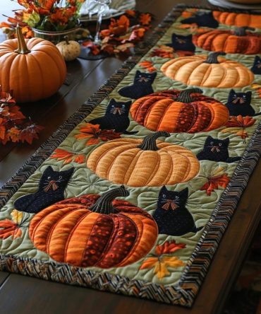 Autumn Black Cat Quilted Table Runner