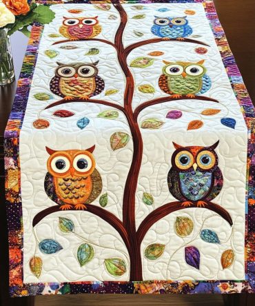 Autumn Owl Gathering Quilted Table Runner