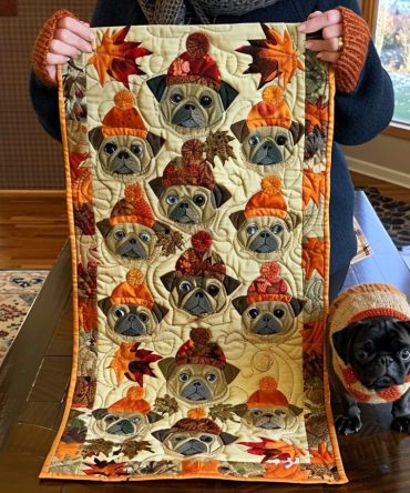 Autumn Pugs Quilted Table Runner