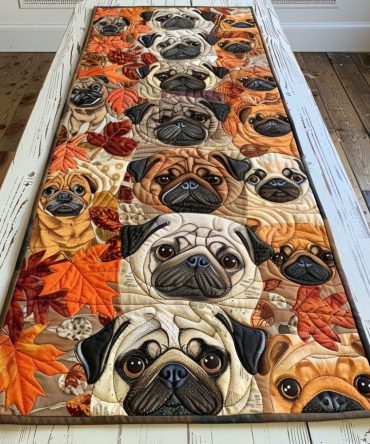 Autumn Vibe Pugs Quilted Table Runner