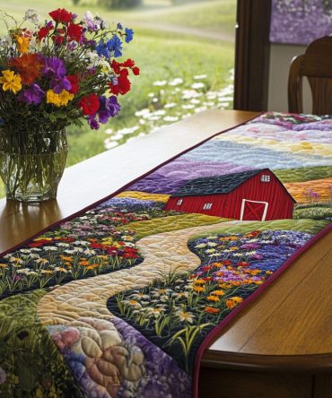 Barn Path With Flowers Quilted Table Runner