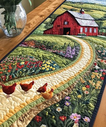 Barn And Chickens Quilted Table Runner