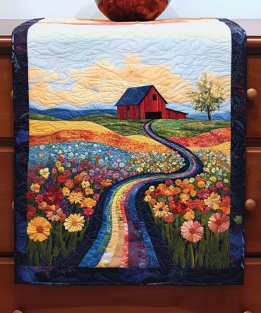 Barn And Rainbow Path Quilted Table Runner