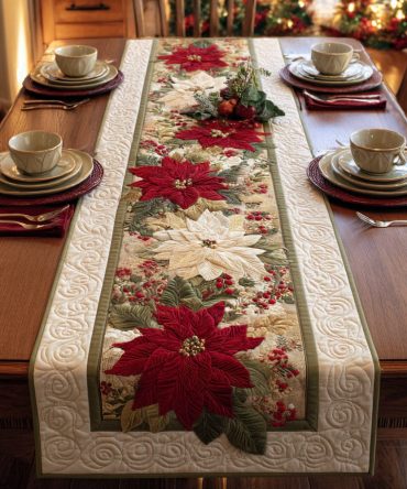 Berry Poinsettia Trail Quilted Table Runner