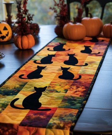 Black Cats Gathering Quilted Table Runner