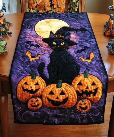 Black Cat And Pumpkins Quilted Table Runner