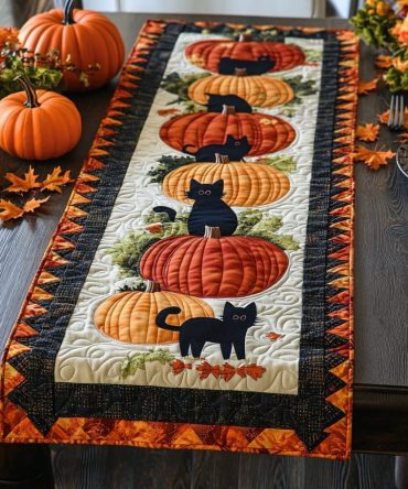 Black Cat Charm Quilted Table Runner