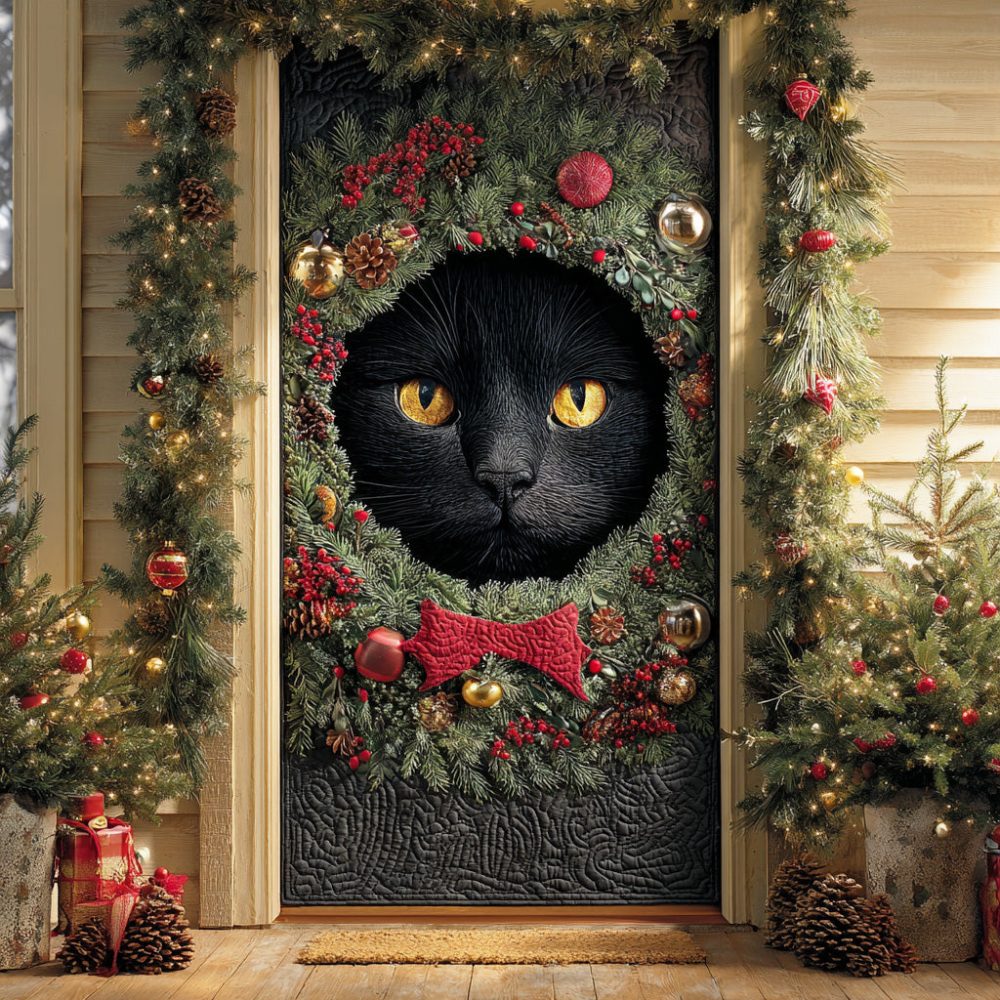 Black Cat Christmas Magic Quilted Door Cover