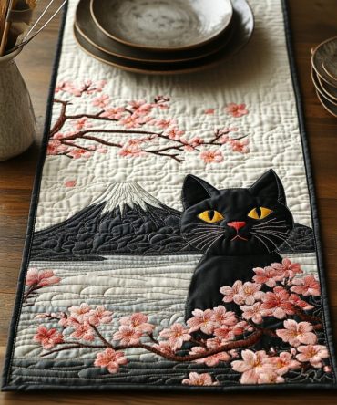 Black Cat Hanami Quilted Table Runner