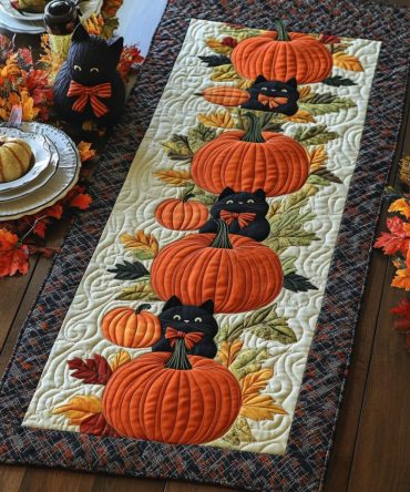 Black Cat Harvest Quilted Table Runner
