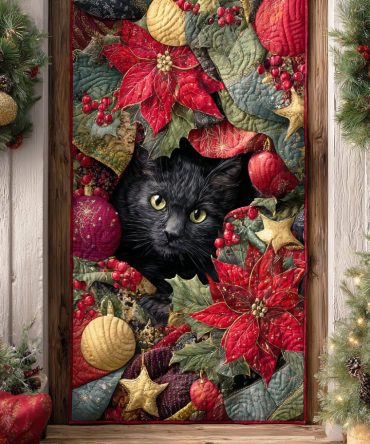 Black Cat Holly Night Quilted Door Cover