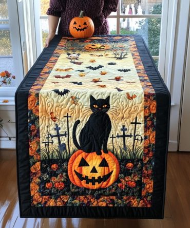 Black Cat Magic Halloween Quilted Table Runner