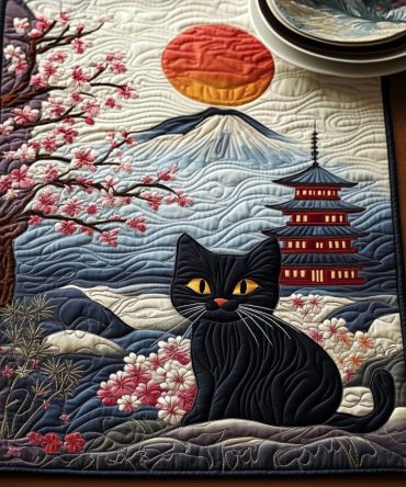 Black Cat Pagoda Quilted Table Runner