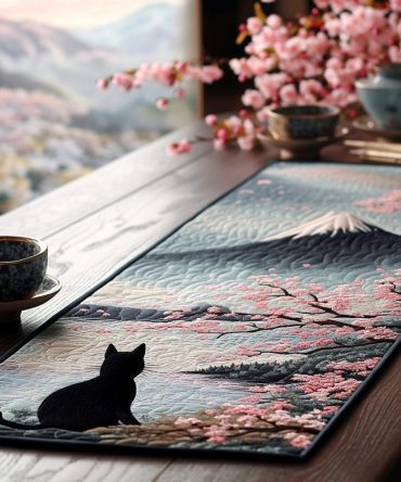 Black Cat Sakura Quilted Table Runner