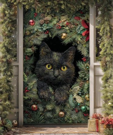 Black Cat Snow Glow Quilted Door Cover