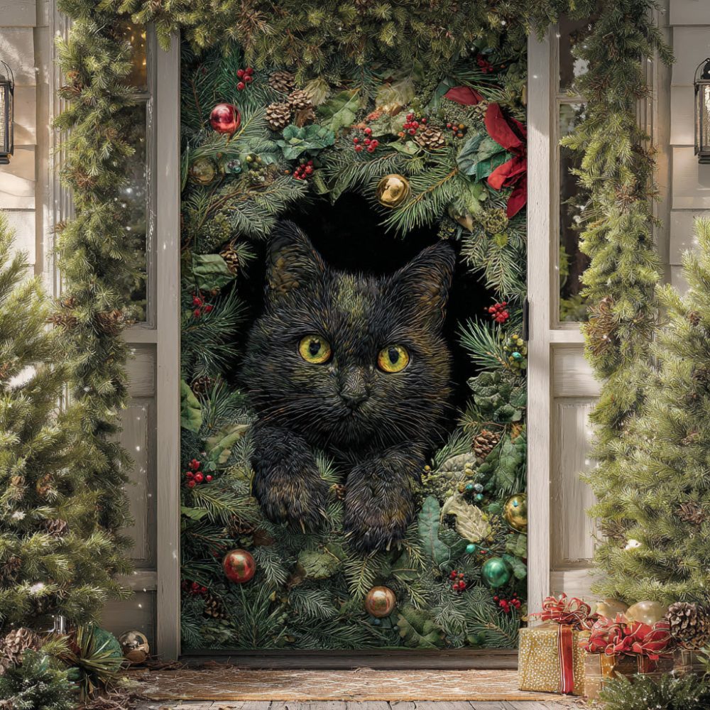 Black Cat Snow Glow Quilted Door Cover