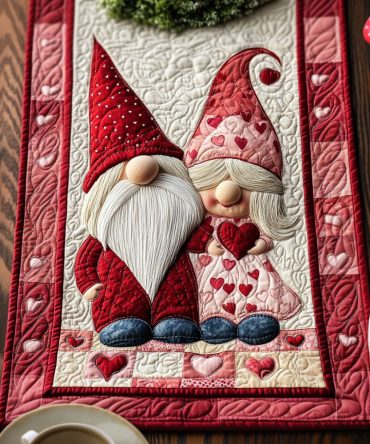 Blissful Gnome Love Quilted Table Runner