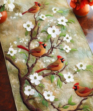Blossoming Cardinals Quilted Table Runner