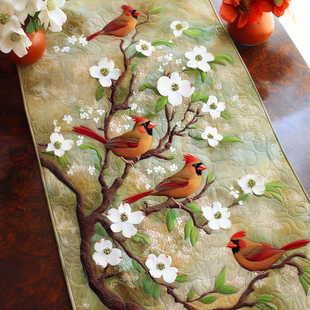 Blossoming Cardinals Quilted Table Runner