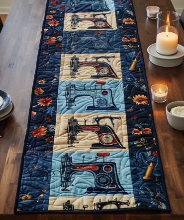 Blue Sewing Machine Quilted Table Runner