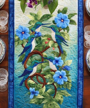 Blue Blossom Dance Quilted Table Runner