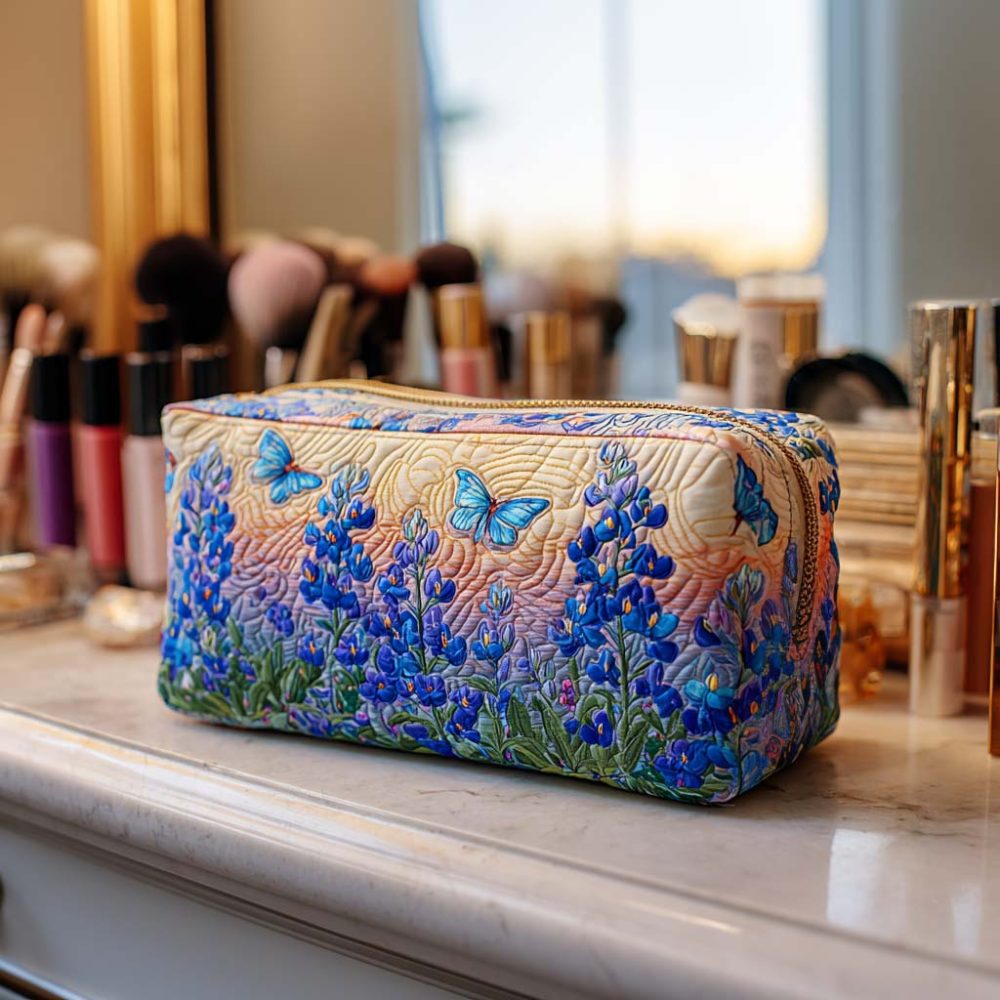 Blue Butterfly Quilted Makeup Bag