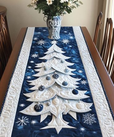 Blue Christmas Tree Quilted Table Runner