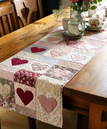 Blush Patch Hearts Quilted Table Runner