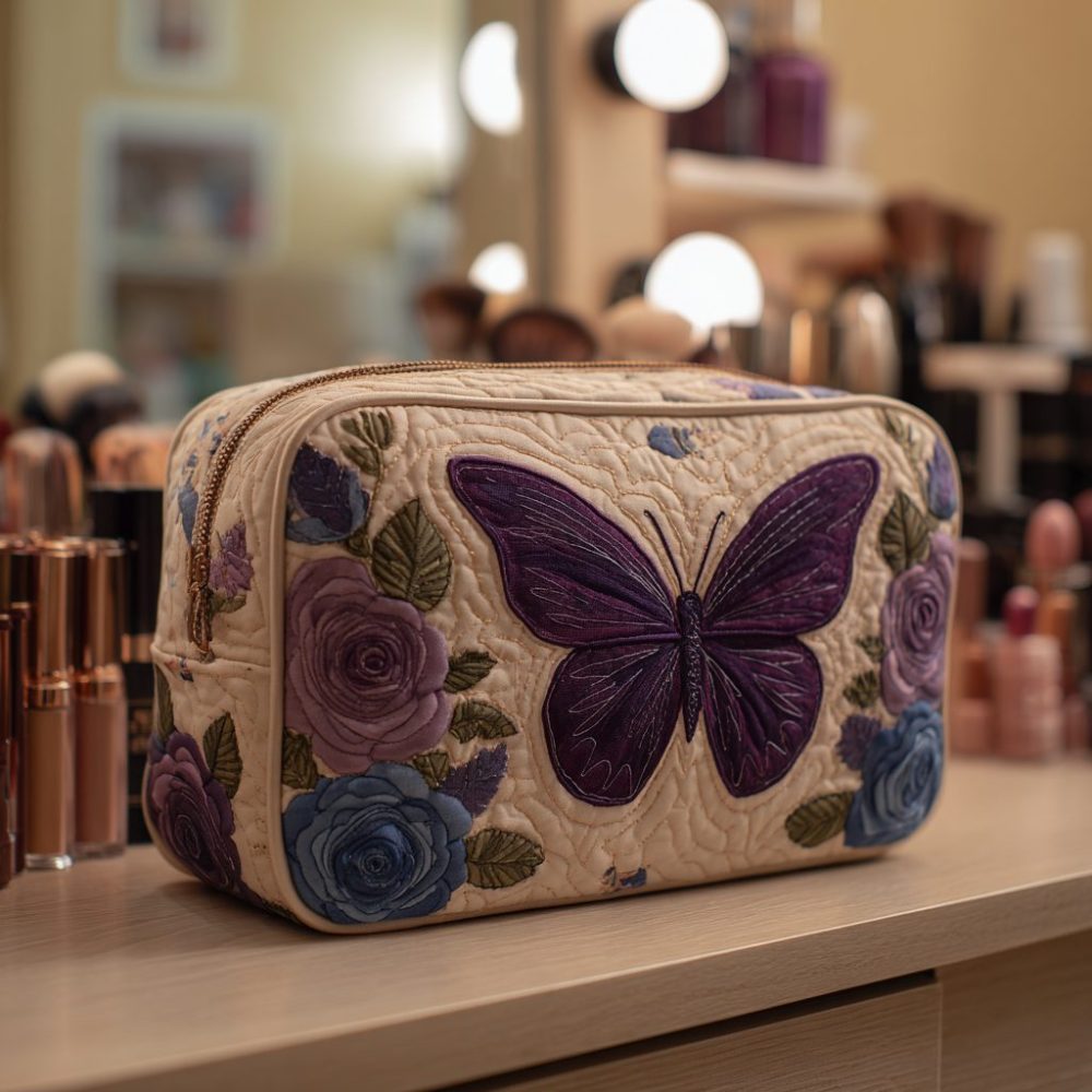 Butterfly Charm Quilted Makeup Bag