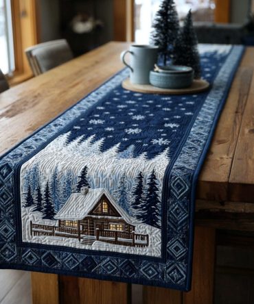 Cabin In The Snow Quilted Table Runner