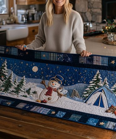 Campfire Snowman Night Quilted Table Runner