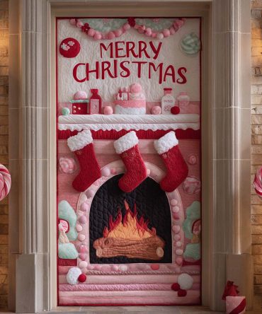 Candy Cane Fireplace Quilted Door Cover