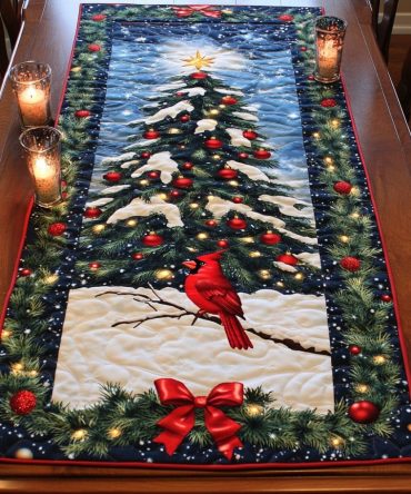 Cardinal Festive Tree Quilted Table Runner