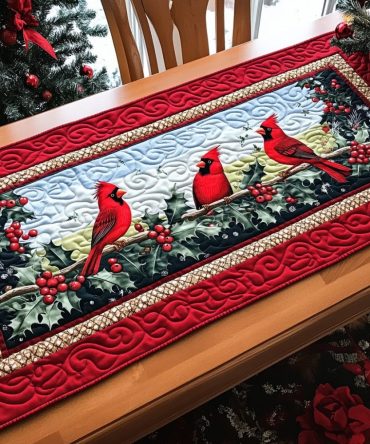 Cardinal Frosted Flight Quilted Table Runner