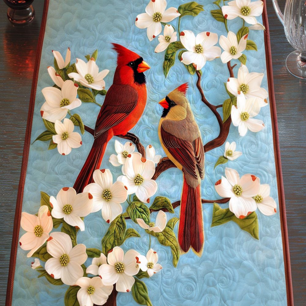 Cardinal And Flowers Quilted Table Runner